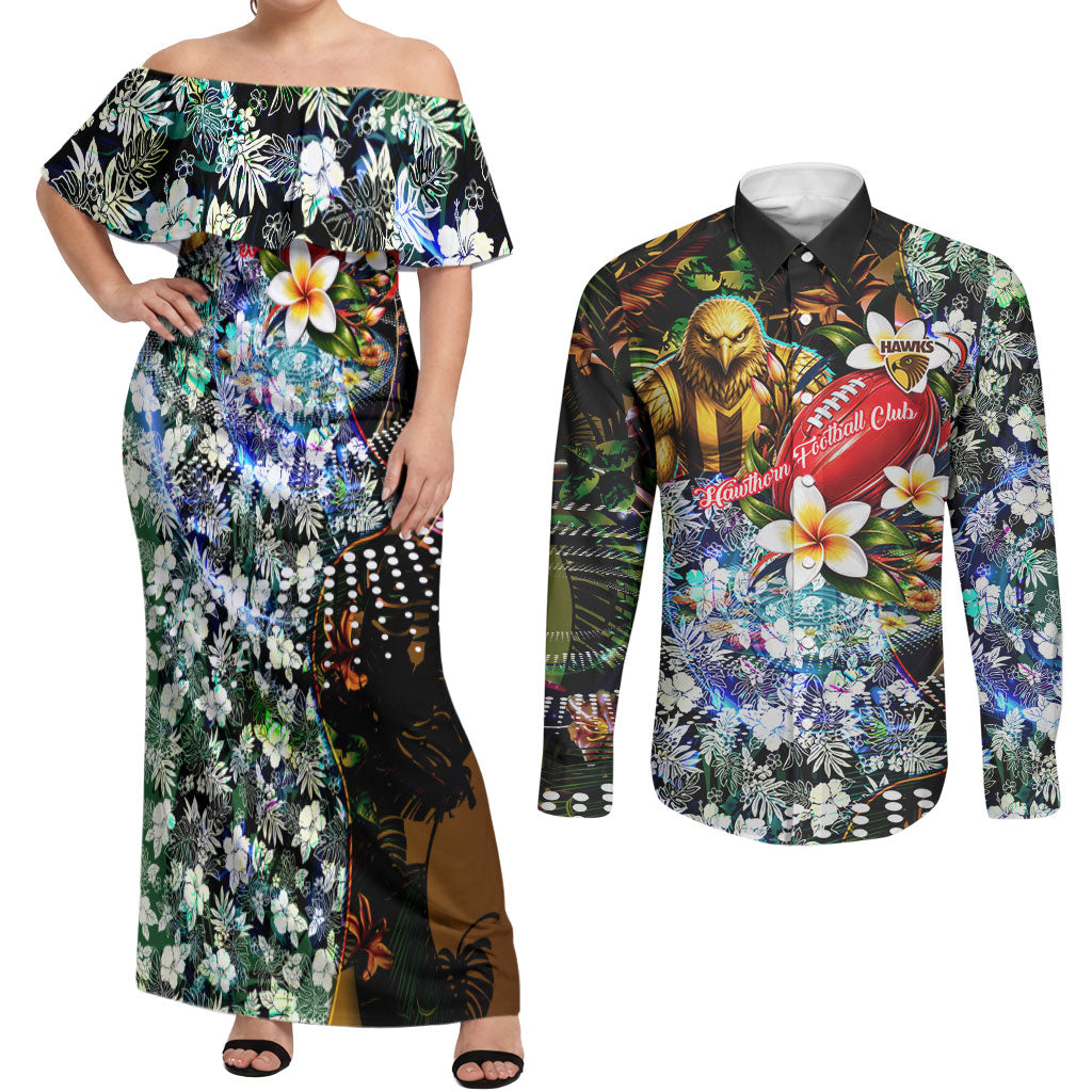 Personalized Hawthorn Football Hawks Couples Matching Off Shoulder Maxi Dress and Long Sleeve Button Shirt Tropical Hibiscus Flowers - Pacific Fusion Style
