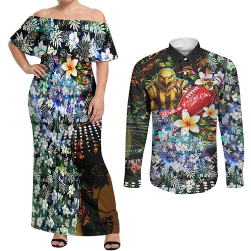 Personalized Hawthorn Football Hawks Couples Matching Off Shoulder Maxi Dress and Long Sleeve Button Shirt Tropical Hibiscus Flowers - Pacific Fusion Style