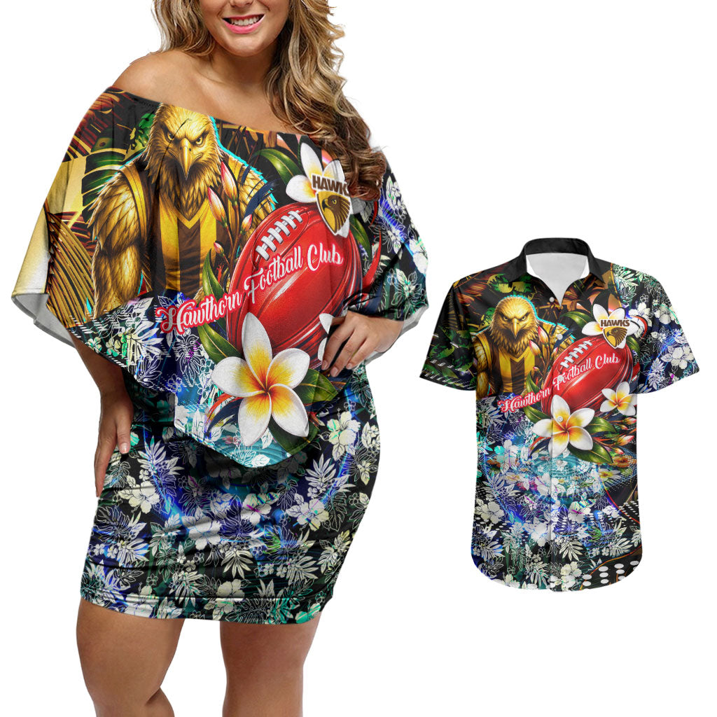 Personalized Hawthorn Football Hawks Couples Matching Off Shoulder Short Dress and Hawaiian Shirt Tropical Hibiscus Flowers - Pacific Fusion Style