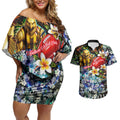 Personalized Hawthorn Football Hawks Couples Matching Off Shoulder Short Dress and Hawaiian Shirt Tropical Hibiscus Flowers - Pacific Fusion Style