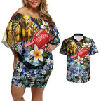 Personalized Hawthorn Football Hawks Couples Matching Off Shoulder Short Dress and Hawaiian Shirt Tropical Hibiscus Flowers - Pacific Fusion Style