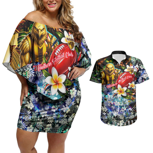 Personalized Hawthorn Football Hawks Couples Matching Off Shoulder Short Dress and Hawaiian Shirt Tropical Hibiscus Flowers - Pacific Fusion Style