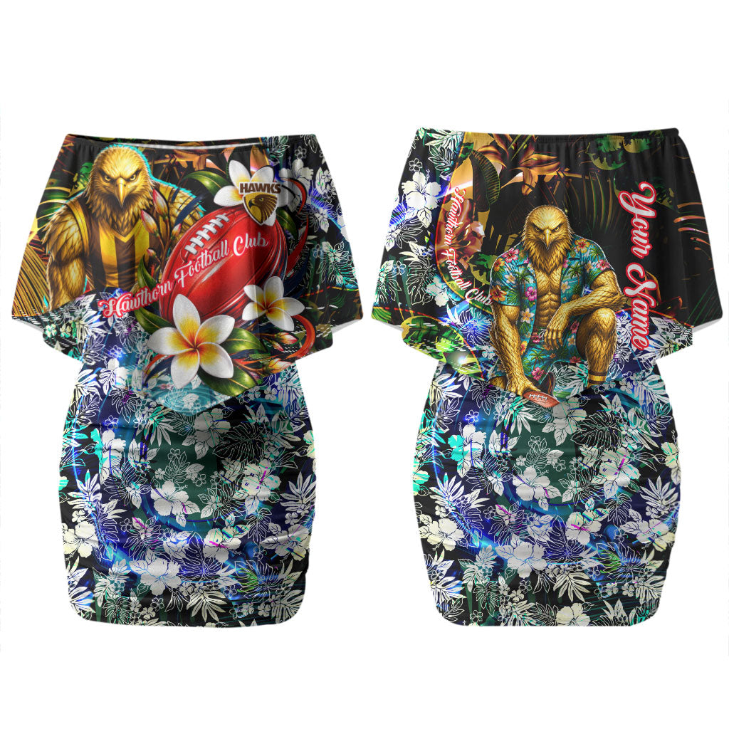 Personalized Hawthorn Football Hawks Couples Matching Off Shoulder Short Dress and Hawaiian Shirt Tropical Hibiscus Flowers - Pacific Fusion Style