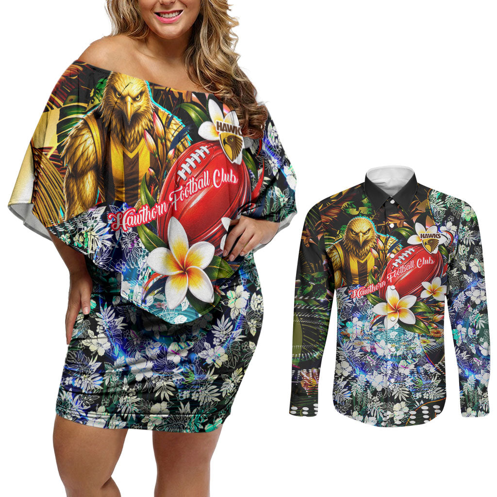 Personalized Hawthorn Football Hawks Couples Matching Off Shoulder Short Dress and Long Sleeve Button Shirt Tropical Hibiscus Flowers - Pacific Fusion Style