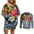 Personalized Hawthorn Football Hawks Couples Matching Off Shoulder Short Dress and Long Sleeve Button Shirt Tropical Hibiscus Flowers - Pacific Fusion Style