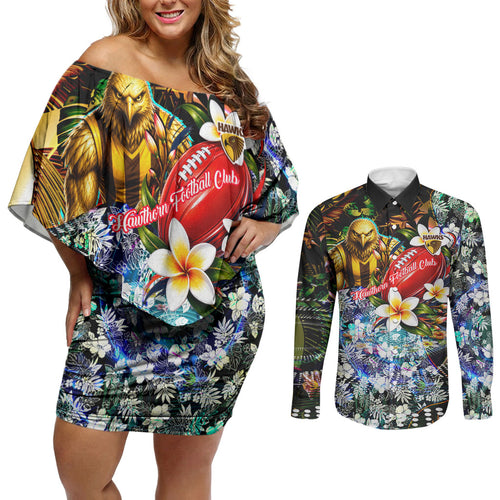 Personalized Hawthorn Football Hawks Couples Matching Off Shoulder Short Dress and Long Sleeve Button Shirt Tropical Hibiscus Flowers - Pacific Fusion Style