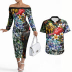 Personalized Hawthorn Football Hawks Couples Matching Off The Shoulder Long Sleeve Dress and Hawaiian Shirt Tropical Hibiscus Flowers - Pacific Fusion Style