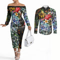 Personalized Hawthorn Football Hawks Couples Matching Off The Shoulder Long Sleeve Dress and Long Sleeve Button Shirt Tropical Hibiscus Flowers - Pacific Fusion Style
