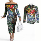Personalized Hawthorn Football Hawks Couples Matching Off The Shoulder Long Sleeve Dress and Long Sleeve Button Shirt Tropical Hibiscus Flowers - Pacific Fusion Style