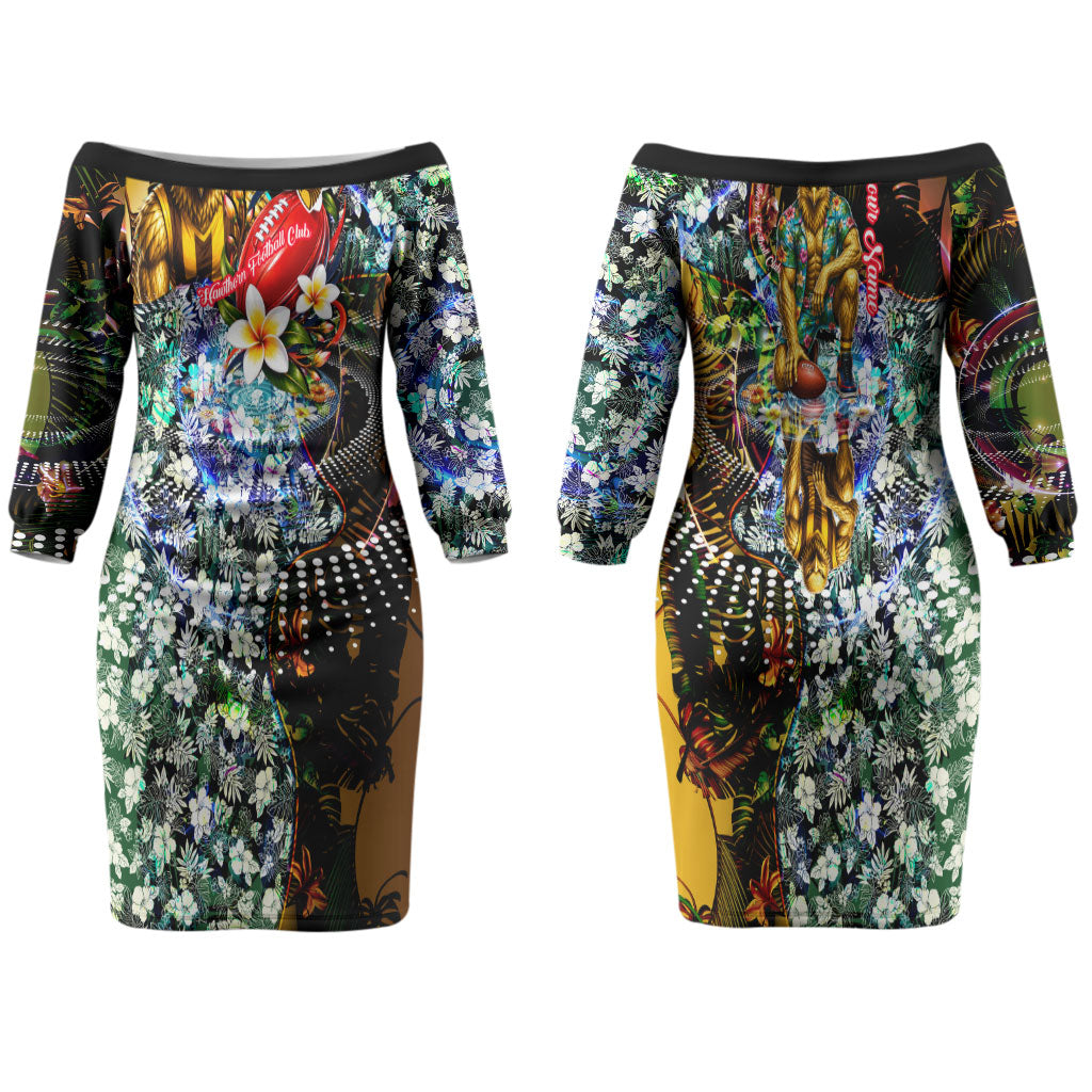 Personalized Hawthorn Football Hawks Couples Matching Off The Shoulder Long Sleeve Dress and Long Sleeve Button Shirt Tropical Hibiscus Flowers - Pacific Fusion Style