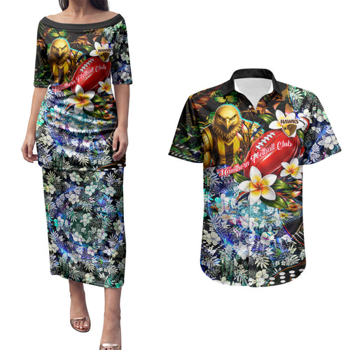 Personalized Hawthorn Football Hawks Couples Matching Puletasi and Hawaiian Shirt Tropical Hibiscus Flowers - Pacific Fusion Style