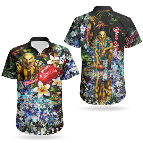 Personalized Hawthorn Football Hawks Couples Matching Puletasi and Hawaiian Shirt Tropical Hibiscus Flowers - Pacific Fusion Style