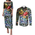 Personalized Hawthorn Football Hawks Couples Matching Puletasi and Long Sleeve Button Shirt Tropical Hibiscus Flowers - Pacific Fusion Style