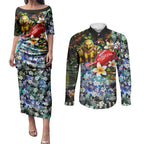 Personalized Hawthorn Football Hawks Couples Matching Puletasi and Long Sleeve Button Shirt Tropical Hibiscus Flowers - Pacific Fusion Style