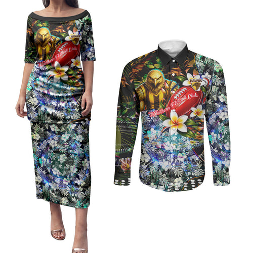Personalized Hawthorn Football Hawks Couples Matching Puletasi and Long Sleeve Button Shirt Tropical Hibiscus Flowers - Pacific Fusion Style