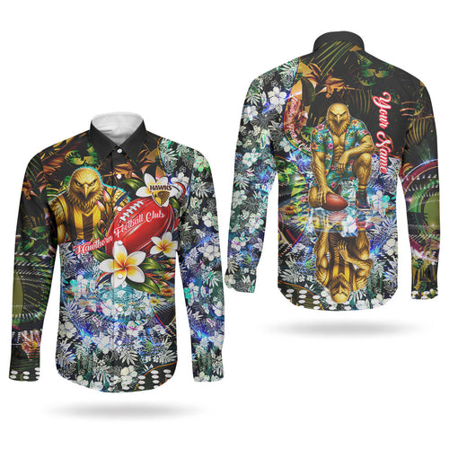 Personalized Hawthorn Football Hawks Couples Matching Puletasi and Long Sleeve Button Shirt Tropical Hibiscus Flowers - Pacific Fusion Style