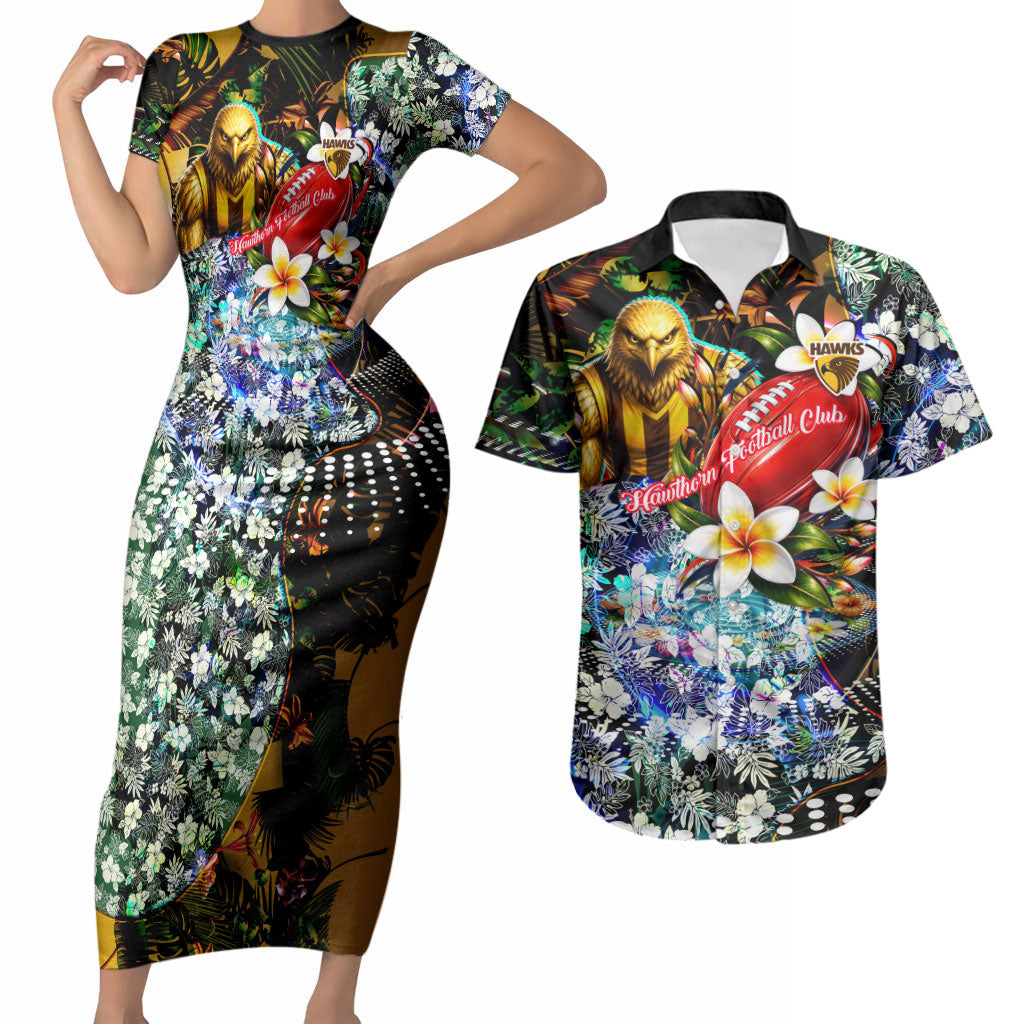 Personalized Hawthorn Football Hawks Couples Matching Short Sleeve Bodycon Dress and Hawaiian Shirt Tropical Hibiscus Flowers - Pacific Fusion Style