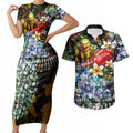 Personalized Hawthorn Football Hawks Couples Matching Short Sleeve Bodycon Dress and Hawaiian Shirt Tropical Hibiscus Flowers - Pacific Fusion Style
