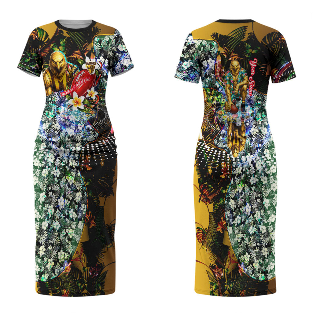 Personalized Hawthorn Football Hawks Couples Matching Short Sleeve Bodycon Dress and Hawaiian Shirt Tropical Hibiscus Flowers - Pacific Fusion Style