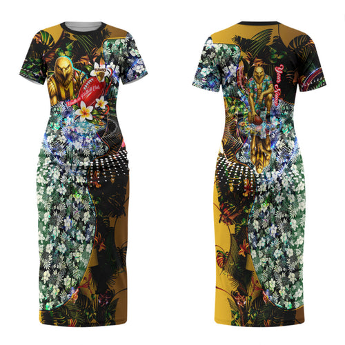 Personalized Hawthorn Football Hawks Couples Matching Short Sleeve Bodycon Dress and Hawaiian Shirt Tropical Hibiscus Flowers - Pacific Fusion Style