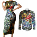 Personalized Hawthorn Football Hawks Couples Matching Short Sleeve Bodycon Dress and Long Sleeve Button Shirt Tropical Hibiscus Flowers - Pacific Fusion Style