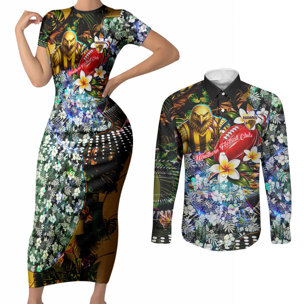 Personalized Hawthorn Football Hawks Couples Matching Short Sleeve Bodycon Dress and Long Sleeve Button Shirt Tropical Hibiscus Flowers - Pacific Fusion Style