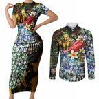 Personalized Hawthorn Football Hawks Couples Matching Short Sleeve Bodycon Dress and Long Sleeve Button Shirt Tropical Hibiscus Flowers - Pacific Fusion Style
