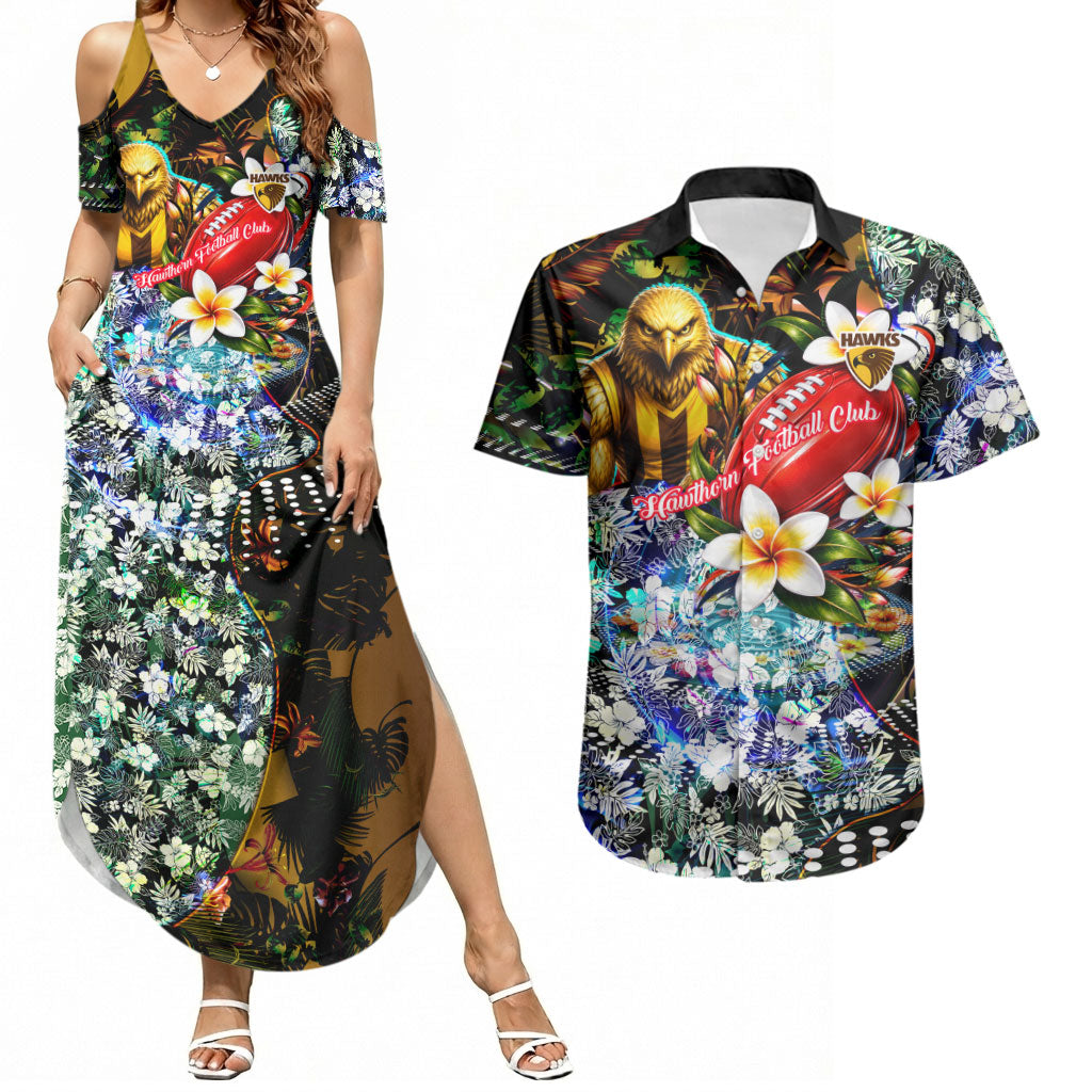 Personalized Hawthorn Football Hawks Couples Matching Summer Maxi Dress and Hawaiian Shirt Tropical Hibiscus Flowers - Pacific Fusion Style