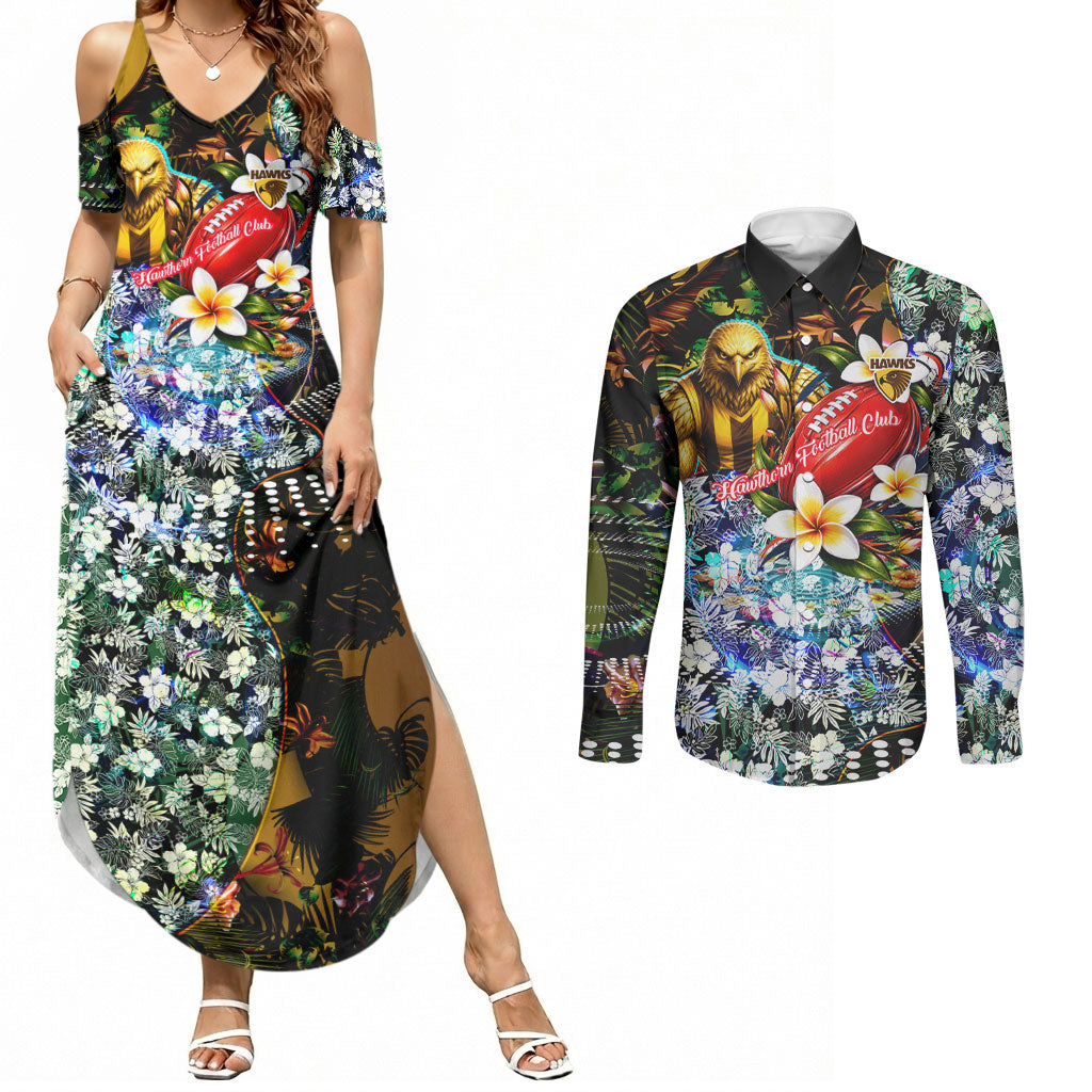 Personalized Hawthorn Football Hawks Couples Matching Summer Maxi Dress and Long Sleeve Button Shirt Tropical Hibiscus Flowers - Pacific Fusion Style