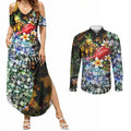 Personalized Hawthorn Football Hawks Couples Matching Summer Maxi Dress and Long Sleeve Button Shirt Tropical Hibiscus Flowers - Pacific Fusion Style