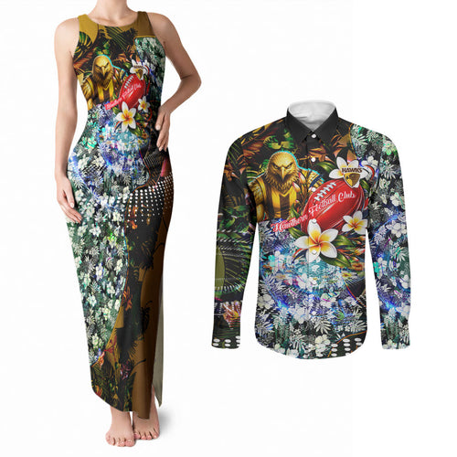 Personalized Hawthorn Football Hawks Couples Matching Tank Maxi Dress and Long Sleeve Button Shirt Tropical Hibiscus Flowers - Pacific Fusion Style