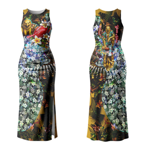 Personalized Hawthorn Football Hawks Couples Matching Tank Maxi Dress and Long Sleeve Button Shirt Tropical Hibiscus Flowers - Pacific Fusion Style