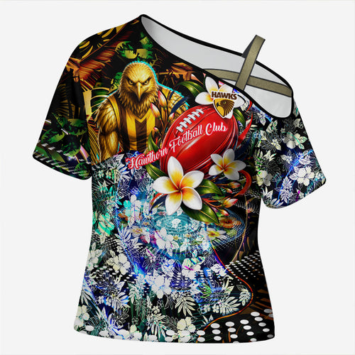 Personalized Hawthorn Football Hawks Cross Shoulder Shirt Tropical Hibiscus Flowers - Pacific Fusion Style