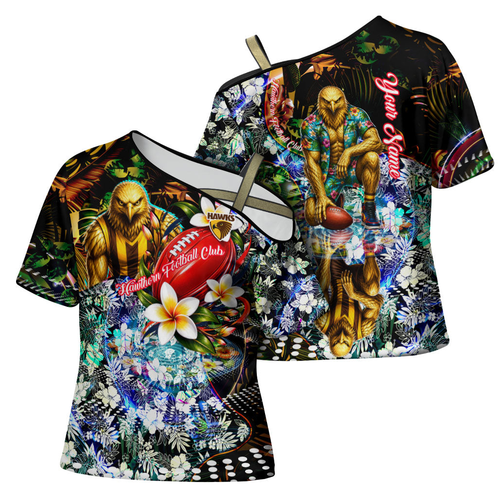 Personalized Hawthorn Football Hawks Cross Shoulder Shirt Tropical Hibiscus Flowers - Pacific Fusion Style