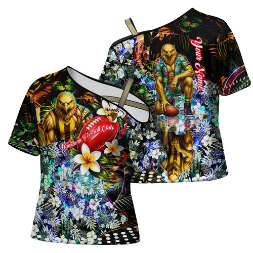 Personalized Hawthorn Football Hawks Cross Shoulder Shirt Tropical Hibiscus Flowers - Pacific Fusion Style