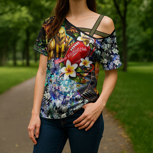 Personalized Hawthorn Football Hawks Cross Shoulder Shirt Tropical Hibiscus Flowers - Pacific Fusion Style