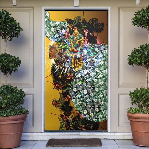 Personalized Hawthorn Football Hawks Door Cover Tropical Hibiscus Flowers - Pacific Fusion Style
