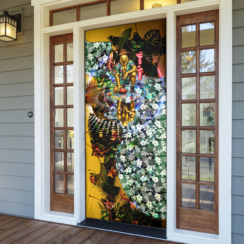Personalized Hawthorn Football Hawks Door Cover Tropical Hibiscus Flowers - Pacific Fusion Style