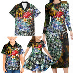 Personalized Hawthorn Football Hawks Family Matching Long Sleeve Bodycon Dress and Hawaiian Shirt Tropical Hibiscus Flowers - Pacific Fusion Style