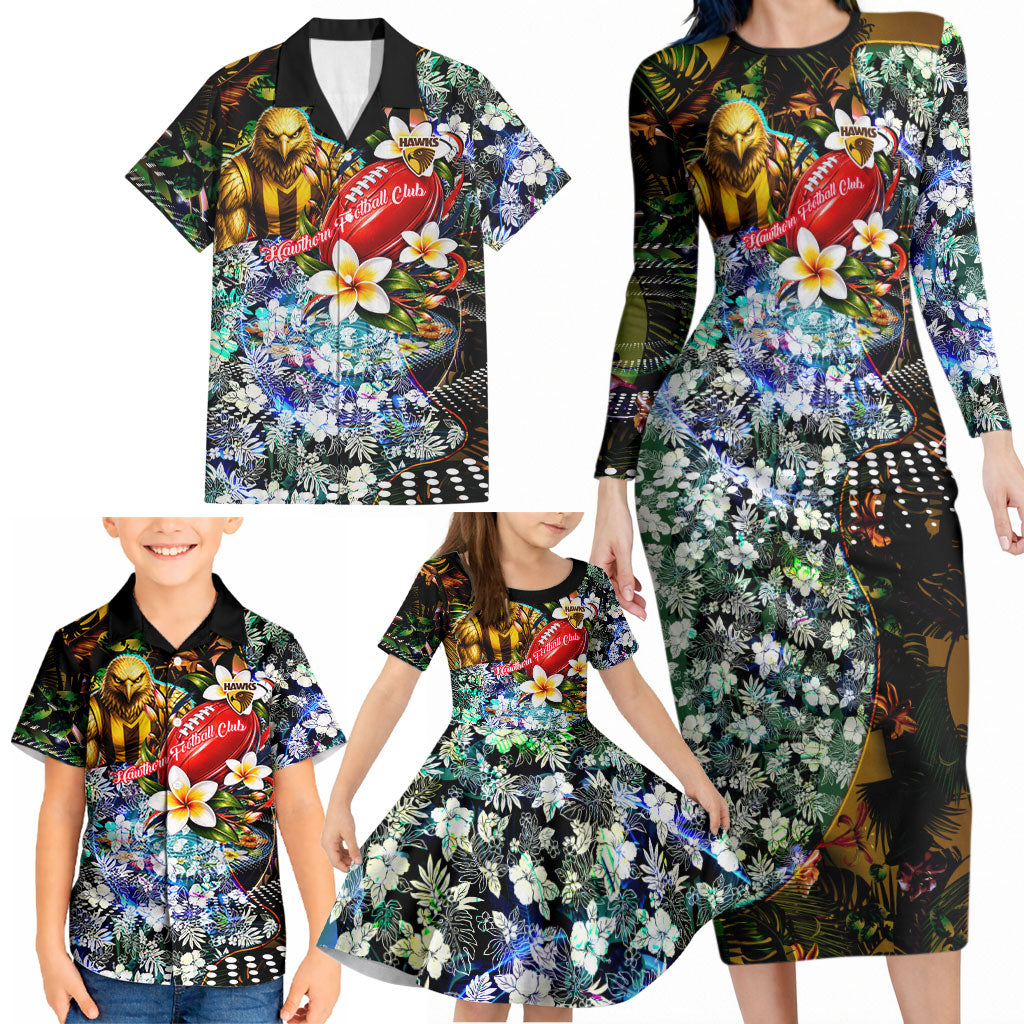 Personalized Hawthorn Football Hawks Family Matching Long Sleeve Bodycon Dress and Hawaiian Shirt Tropical Hibiscus Flowers - Pacific Fusion Style