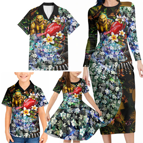 Personalized Hawthorn Football Hawks Family Matching Long Sleeve Bodycon Dress and Hawaiian Shirt Tropical Hibiscus Flowers - Pacific Fusion Style