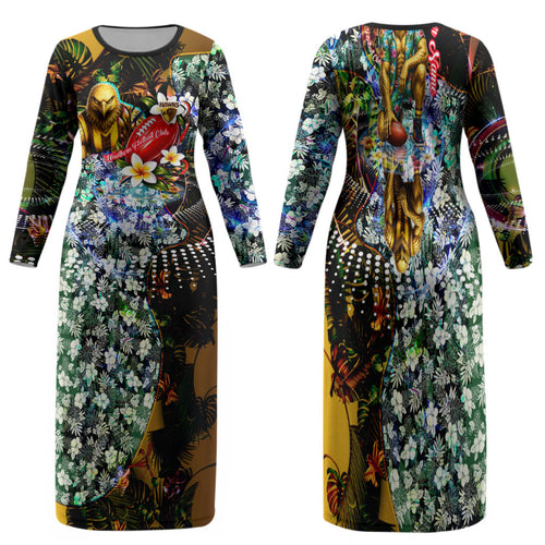 Personalized Hawthorn Football Hawks Family Matching Long Sleeve Bodycon Dress and Hawaiian Shirt Tropical Hibiscus Flowers - Pacific Fusion Style