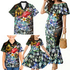 Personalized Hawthorn Football Hawks Family Matching Mermaid Dress and Hawaiian Shirt Tropical Hibiscus Flowers - Pacific Fusion Style