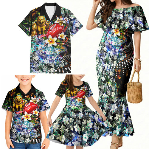 Personalized Hawthorn Football Hawks Family Matching Mermaid Dress and Hawaiian Shirt Tropical Hibiscus Flowers - Pacific Fusion Style