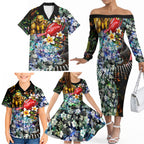 Personalized Hawthorn Football Hawks Family Matching Off The Shoulder Long Sleeve Dress and Hawaiian Shirt Tropical Hibiscus Flowers - Pacific Fusion Style