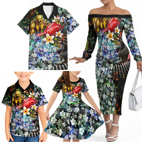Personalized Hawthorn Football Hawks Family Matching Off The Shoulder Long Sleeve Dress and Hawaiian Shirt Tropical Hibiscus Flowers - Pacific Fusion Style