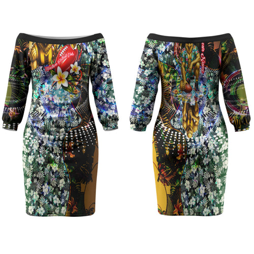 Personalized Hawthorn Football Hawks Family Matching Off The Shoulder Long Sleeve Dress and Hawaiian Shirt Tropical Hibiscus Flowers - Pacific Fusion Style