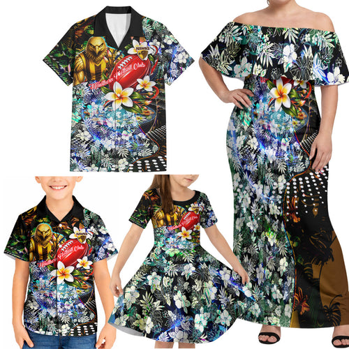 Personalized Hawthorn Football Hawks Family Matching Off Shoulder Maxi Dress and Hawaiian Shirt Tropical Hibiscus Flowers - Pacific Fusion Style