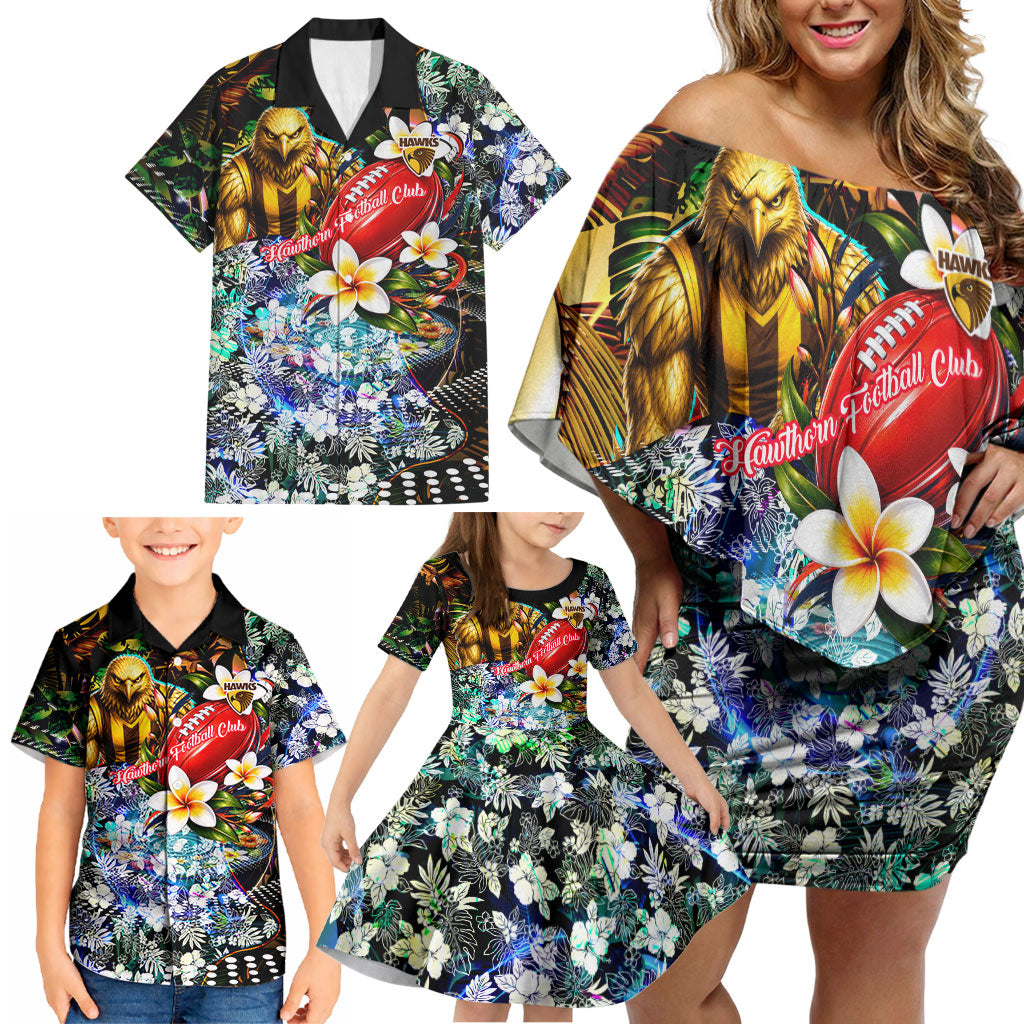 Personalized Hawthorn Football Hawks Family Matching Off Shoulder Short Dress and Hawaiian Shirt Tropical Hibiscus Flowers - Pacific Fusion Style