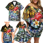 Personalized Hawthorn Football Hawks Family Matching Off Shoulder Short Dress and Hawaiian Shirt Tropical Hibiscus Flowers - Pacific Fusion Style